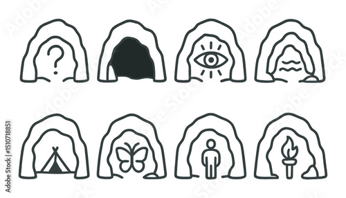 Mystery cave icon set: linear style symbols for exploration and adventure themes
