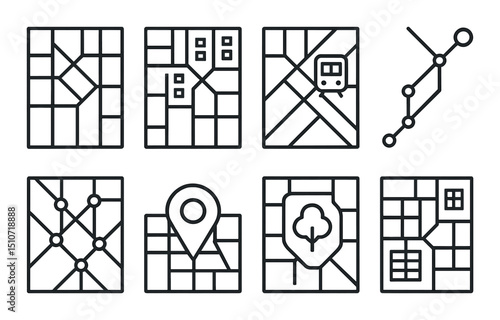 Urban map silhouette icon set. city navigation and location tracker symbols