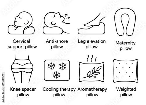 Health pillow icon set in linear style. sleep aid and comfort symbols