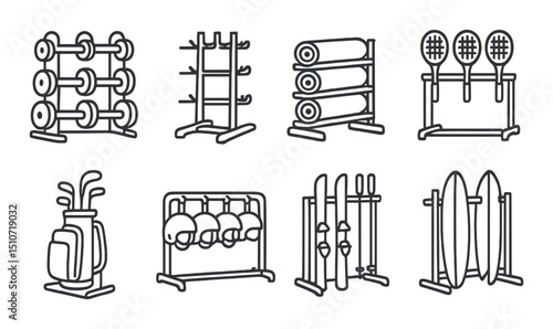 Sports equipment silhouette icon set. gym, fitness, and athletic gear symbols