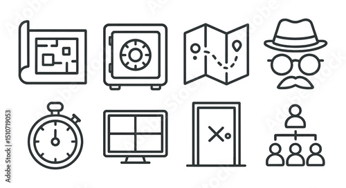 Heist planning linear icon set. crime and strategy symbols for creative projects