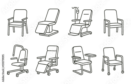 Hospital chairs icon set in linear style. healthcare and medical equipment symbols