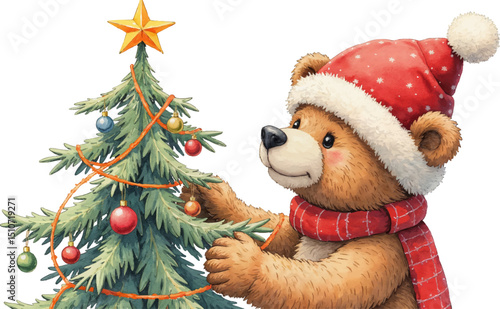 Charming bear in red hat carefully decorates Christmas tree with warm garlands and ornaments during festive season, kids illustration