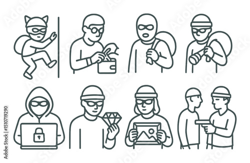 Crime and security linear icon set. theft, robbery, protection symbols
