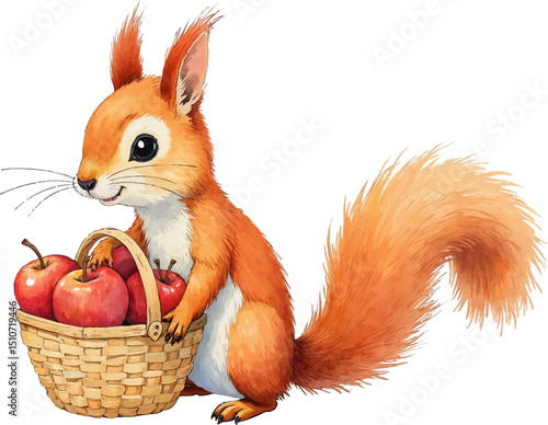 Charming squirrel carries a basket of apples to share with friends in a watercolor illustration for Charity Day themes, kids illustration