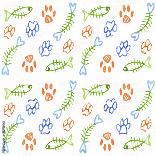 Black and White Pet Icons – Cartoon Paw Prints, Fish Bones & Toys Vector