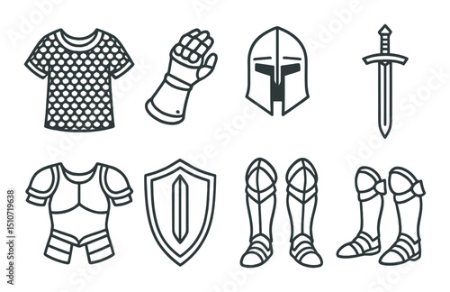 Medieval armor icon set: flat style icons for knight, sword, and shield designs