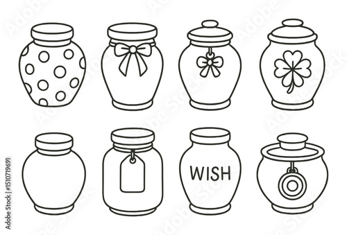 Decorative jars icon set in linear style. charming and cute container symbols