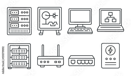 Tech lab silhouette icon set. technology, computing, digital equipment symbols