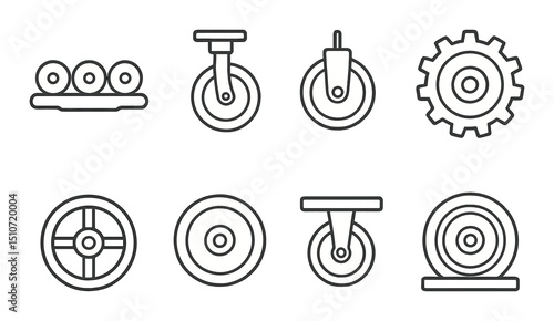 Industrial wheel silhouette icon set. machinery and equipment symbols for design