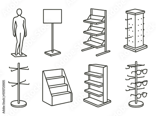 Retail display stands icon set. linear style fixtures and merchandising symbols