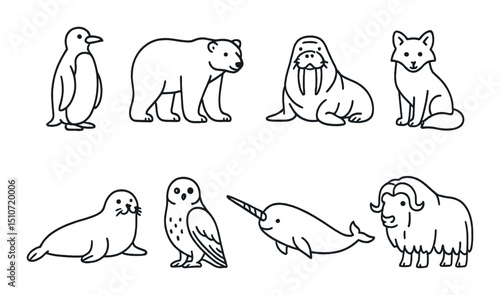 Polar animal icon set in linear style. arctic wildlife design and arctic fauna concepts