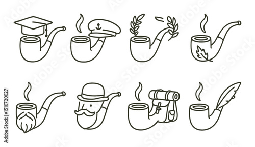 Pipe icon set: linear style tobacco and smoking themed symbols