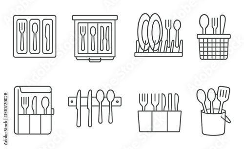 Kitchen and cutlery linear icon set. cooking and dining utensil storage symbols