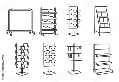 Retail display racks icon set in linear style. store fixtures and merchandising visuals