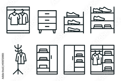 Wardrobe and closet linear icon set. clothing and storage organization symbols