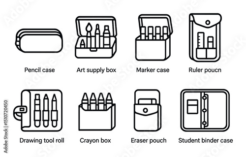 Stationery linear icon set. school supplies, office materials illustrations