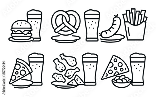 Beer and bites flat icon set. pub snacks, brewery food, bar appetizers symbols