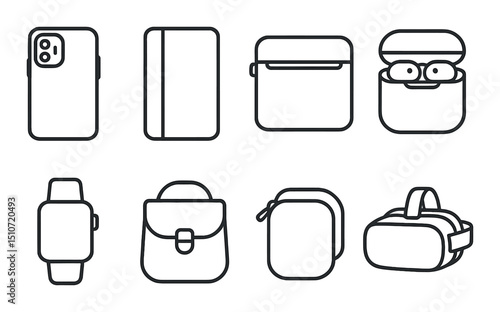 Tech device cases icon set in linear style. gadget covers and protective accessories