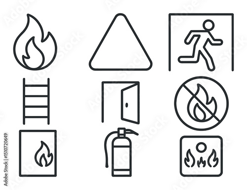 Fire safety icon set in silhouette style. emergency and hazard prevention symbols