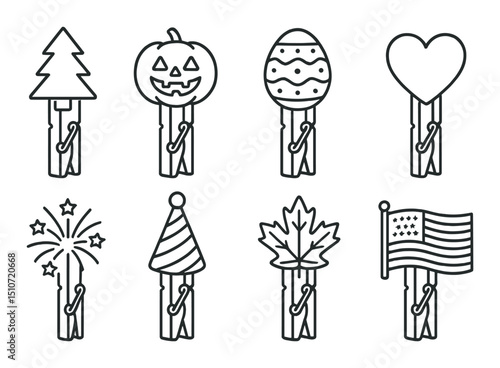 Festive clothespin icon set in linear style. holiday, celebration, party symbols