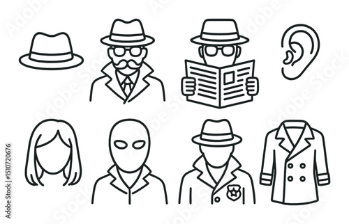 Undercover detective silhouette icon set. espionage and mystery symbols for seamless design