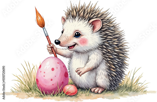 Cheerful hedgehog decorates Easter egg with paintbrush in vibrant watercolor style, kids illustration