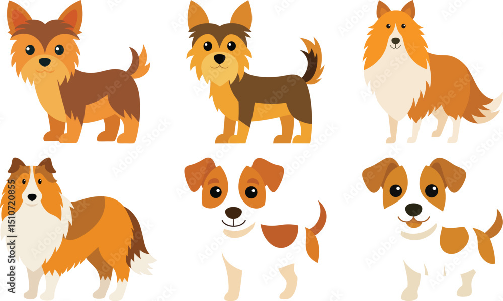 Obraz premium Different dogs breeds set. Cute purebred doggies, puppies. Corgi, Akita Inu, Bobtail, Border Collie, English bulldog pedigrees collection. Flat vector illustrations isolated on white background 
