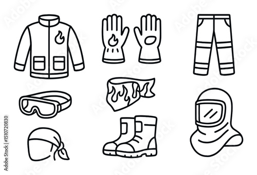 Firefighter gear icon set: linear style emergency and safety equipment symbols