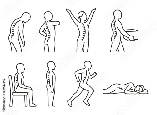 Dynamic spine silhouette icon set. posture and movement health symbols