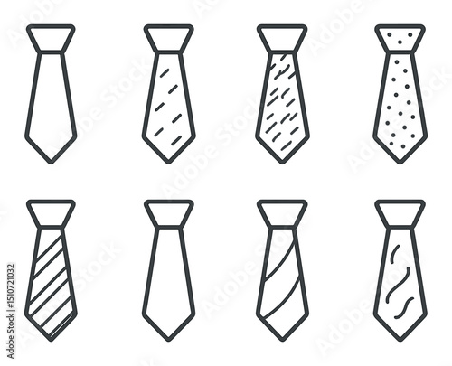 Tie icon set in linear style. necktie, collar accessories, formal wear symbols