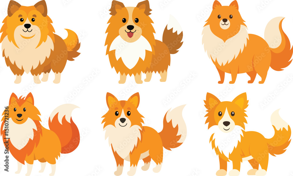 Fototapeta premium Different dogs breeds set. Cute purebred doggies, puppies. Corgi, Akita Inu, Bobtail, Border Collie, English bulldog pedigrees collection. Flat vector illustrations isolated on white background 