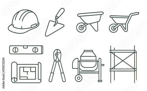 Construction tools icon set in simple linear style: building and industrial symbols