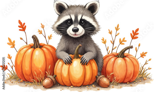 Cheerful raccoon surrounded by pumpkins and acorns in a watercolor autumn illustration, kids illustration