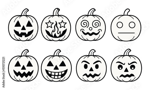 Halloween pumpkin icons set. creative carved jack-o'-lanterns in linear style