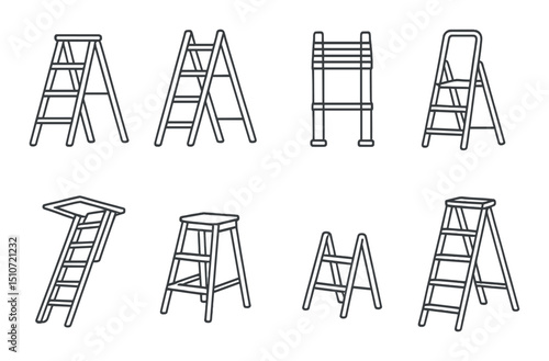 Home ladder linear icon set. safety steps and household climbing symbols