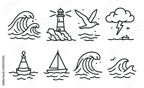 Nautical adventure icon set. flat ocean, marine, and sea symbols