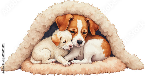 Cozy nook featuring a dog and puppy cuddling together in warm tones perfect for Family Day celebrations, kids illustration