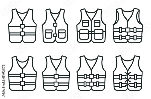 Boating vest silhouette icon set. safety gear and life jacket symbols