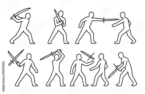 Sword combat silhouette icon set. martial arts and fencing symbols