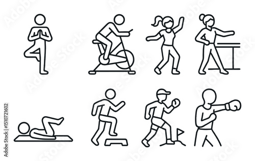 Fitness class linear icons set. exercise and workout activity symbols