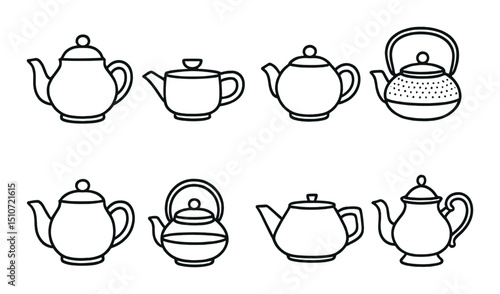 Diverse teapot icon set in linear style. tea kettle and pot symbols