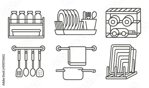 Kitchen storage icon set in linear style. organization and cooking essentials