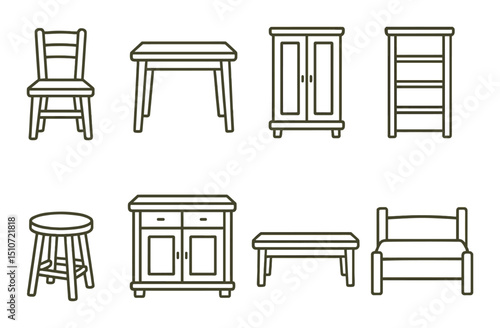 Wooden furniture linear icon set. home decor and interior design symbols