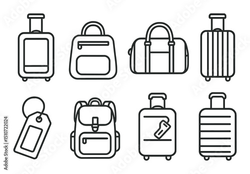 Travel and luggage icon set in linear style. bags, suitcases, and backpack symbols