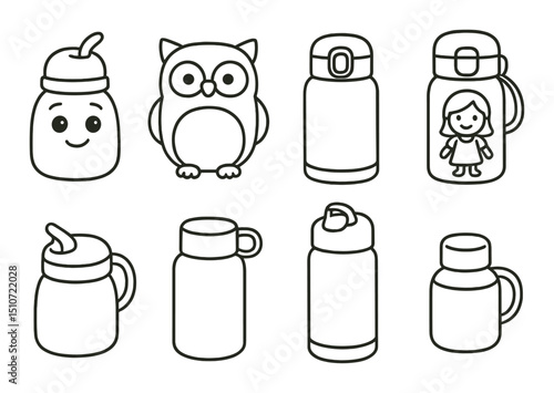 Children's beverage containers icon set in linear style. kids' flasks and sippy cups