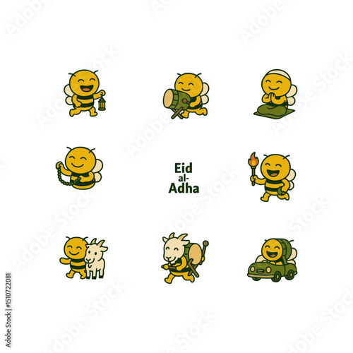 Cute Bee Cartoon Illustrations for Eid al-Adha Celebration. Fun cartoon illustration set featuring bees celebrating Eid al-Adha with a goat, drums, and prayers, perfect for holiday cards or festive de
