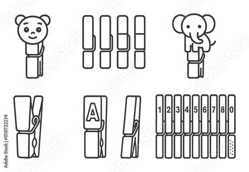 Kids clothespins icon set. flat style children's pegs, clips, laundry tools
