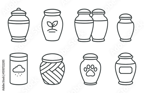Urns icon set. Linear set. Cremation design