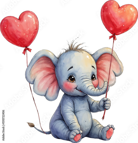 Cute baby elephant joyfully holds red heart-shaped balloons in a whimsical watercolor illustration showcasing innocence and happiness, kids illustration